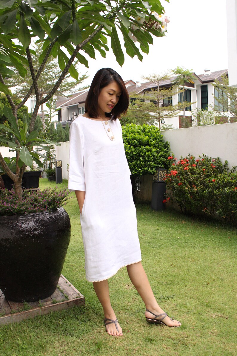 Lace Neckline / Linen Dress / 3/4 Sleeved/EP-D661 image 2