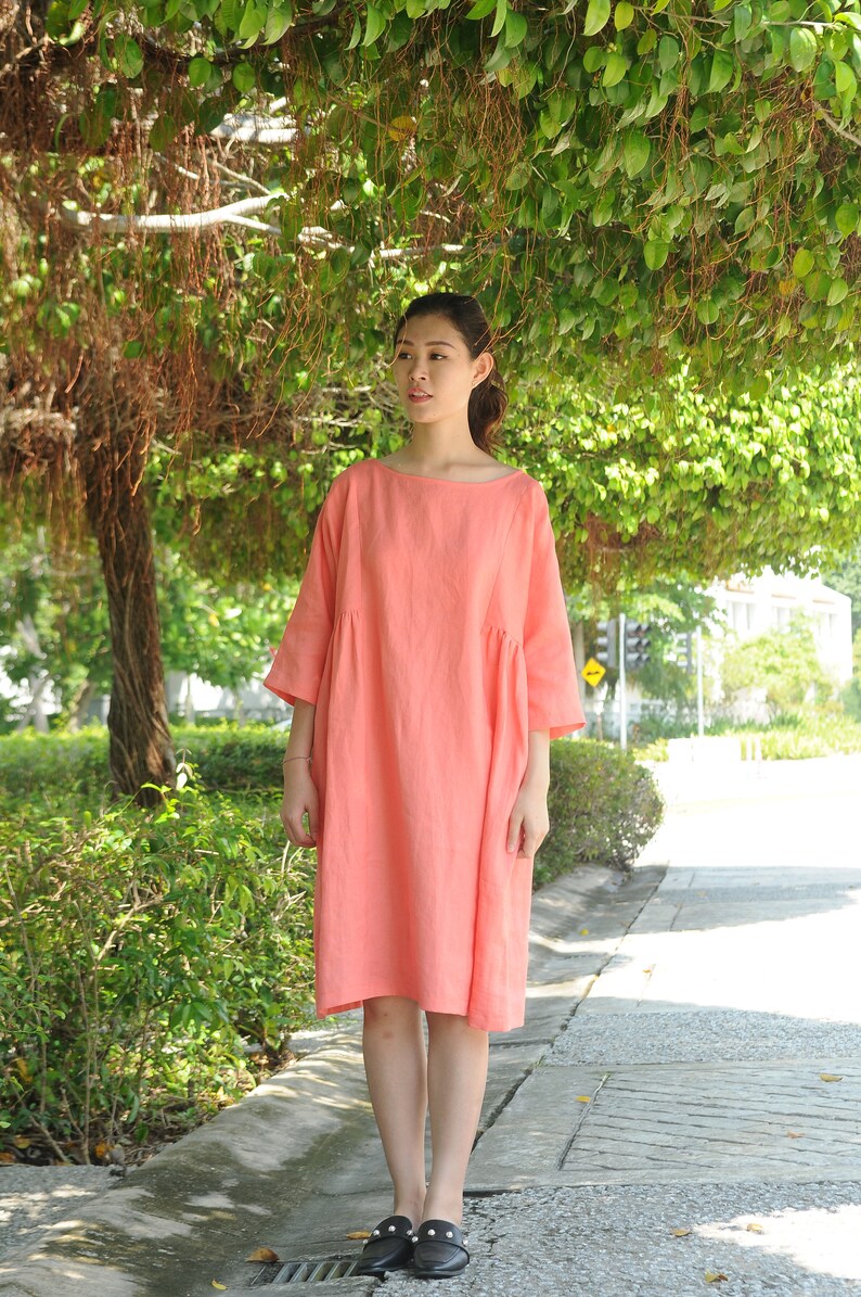 Three Quarter Sleeved / Oversized linen dress/Summer linen dress/ Rounded Neckline/EP-D647 image 5