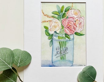 Flower Painting, Roses, Mason Jar, Farmhouse Decor,  High Quality Print, Gift for birthday