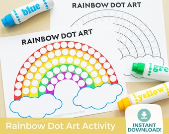 May include: A printable rainbow dot art activity sheet with a rainbow, clouds, and circles to color in. The sheet is accompanied by a set of colorful dot markers, including blue, green, and yellow.