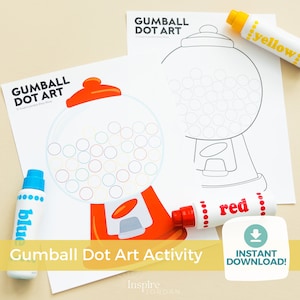 May include: A printable gumball machine dot art activity with a black and white outline of a gumball machine. The gumball machine is filled with white circles. The printable is surrounded by red, blue, and yellow markers.