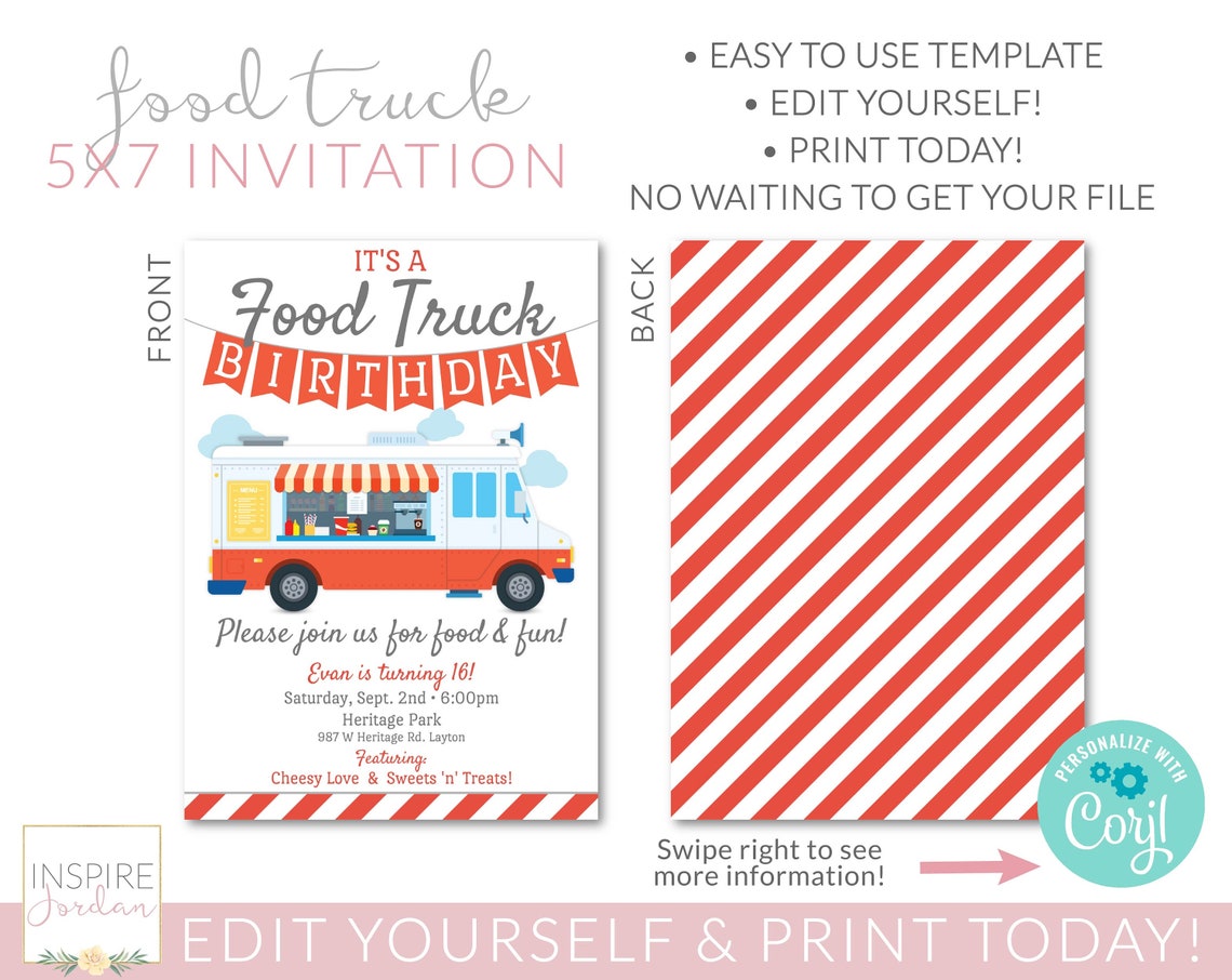 Food Truck Invitation. Corjl Template. Editable Food Truck Etsy