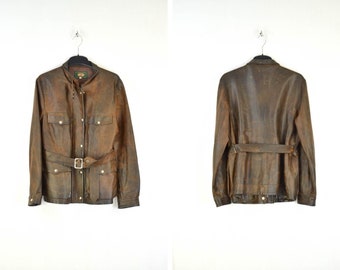 Cuoieria Fiorentina Leather Vintage 90s Women Belted Brown Moto Jacket Sz L