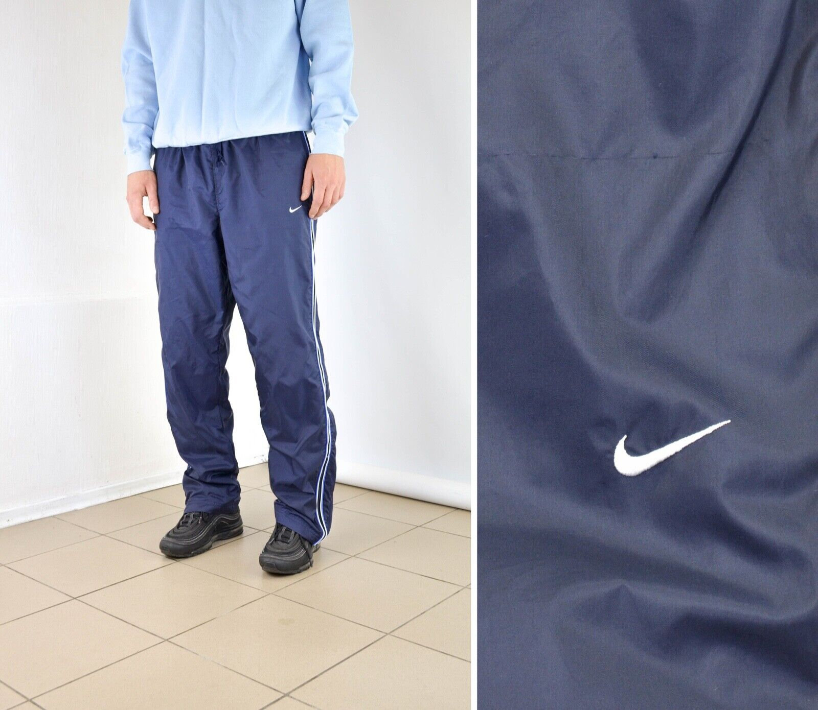 Vintage Nike Y2K Small Logo Blue Track Pants Men Size L Large 