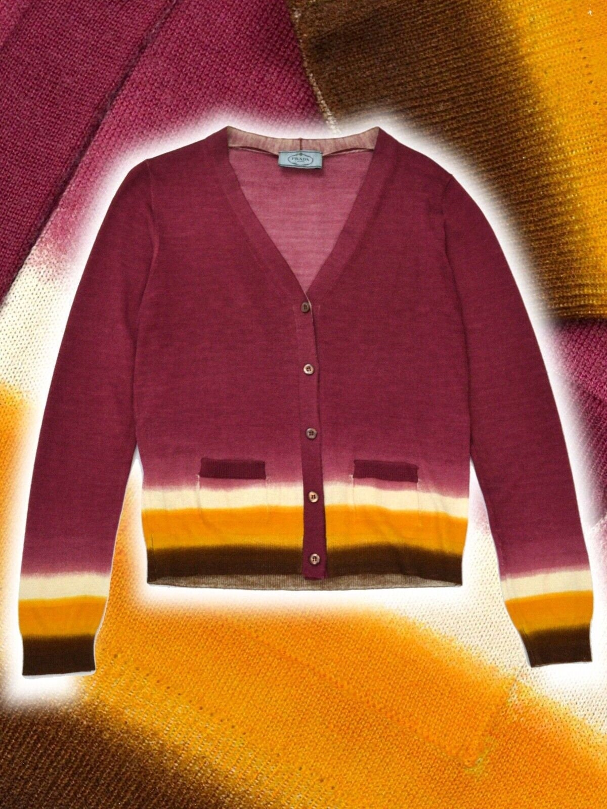 Prada Wool Silk Womens Red Multicolor Tie Dye Cardigan Size IT 38