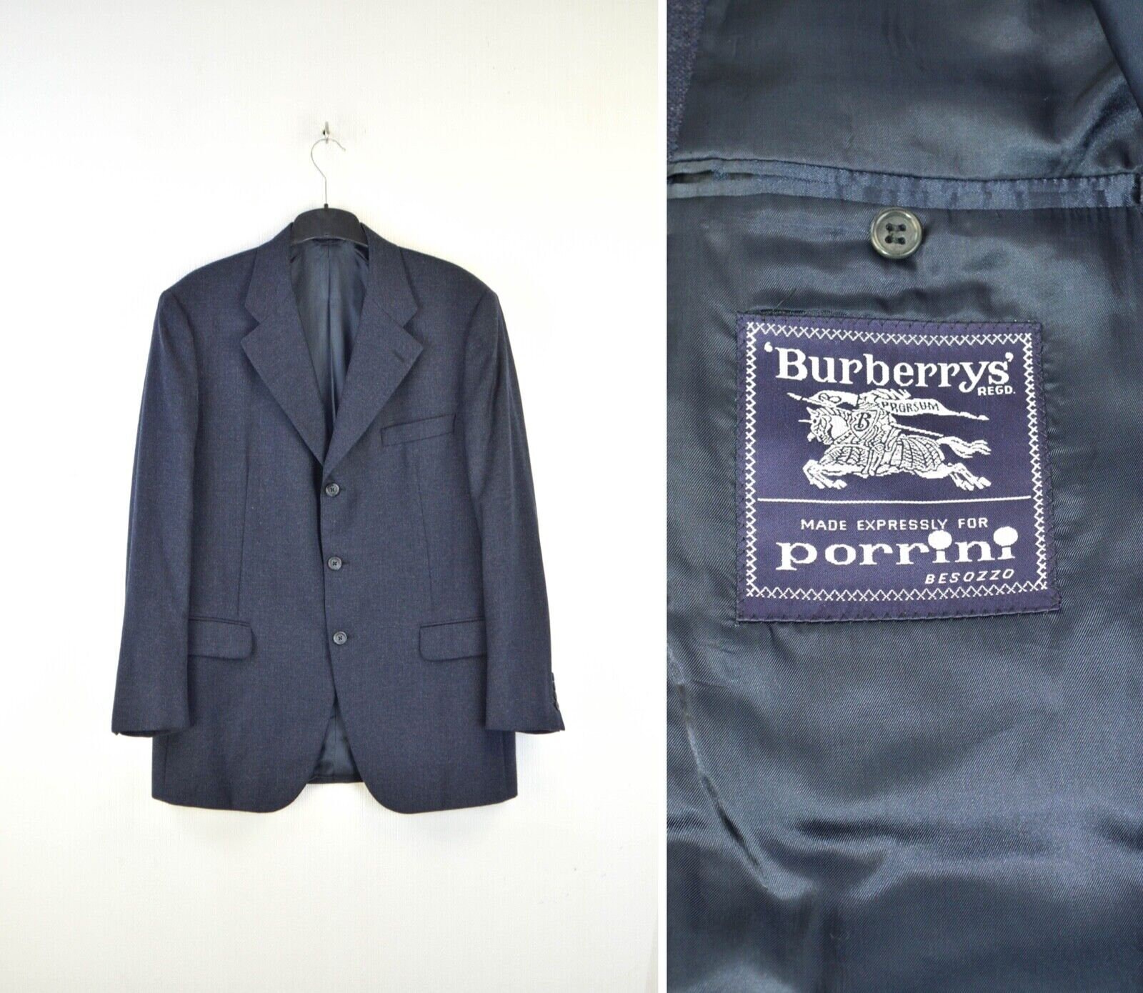 Burberrys Vintage 90s Mens Navy Blue Wool Three Button Burberrys Vintage 90s Mens Navy Blue Wool Three Button