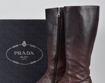 Prada Burgundy Knee Leather Boots Size US 7 EU 37