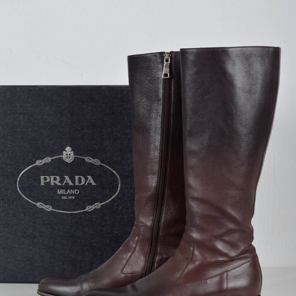 Prada bordeauxrode leren knielaarzen maat US 7 EU 37