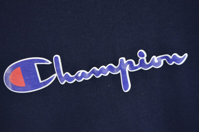 Men/'s Champion Vintage Big Logo Navy Sleeve Small Logo Sport Athletic Crew Neck Cotton Lightweight Sweatshirt Size S M