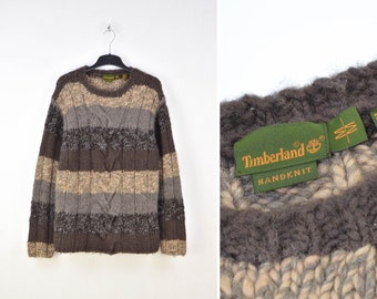 Timberland Hand Knit Vintage 90s Men's Cable Brown Wool Sweater Size M