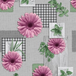 May include: A seamless pattern featuring pink gerbera daisies, green leaves, and a grey and white checked pattern. The background is a grey textured fabric.
