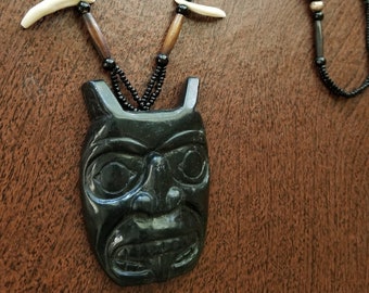 Pacific Northwest Coast Black Stone Carved Bear Necklace