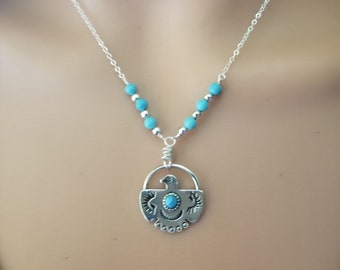 Thunderbird Turquoise Beads Sterling Silver Chain Necklace
