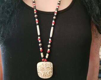 Pacific Northwest Coast Haida Art Dzunukwa Bone Carved Pendant Necklace with Sterling Silver and Bone Beads