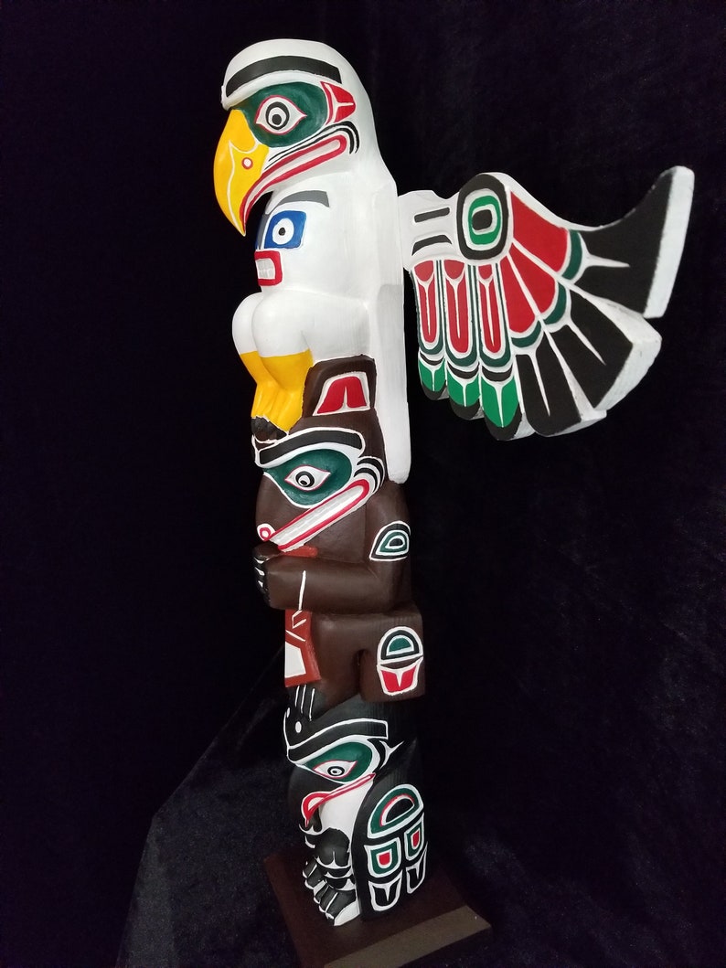 Northwest Coast Haida Art Eagle, Bear And Raven Wood Carved Totem Pole 20.5 image 3