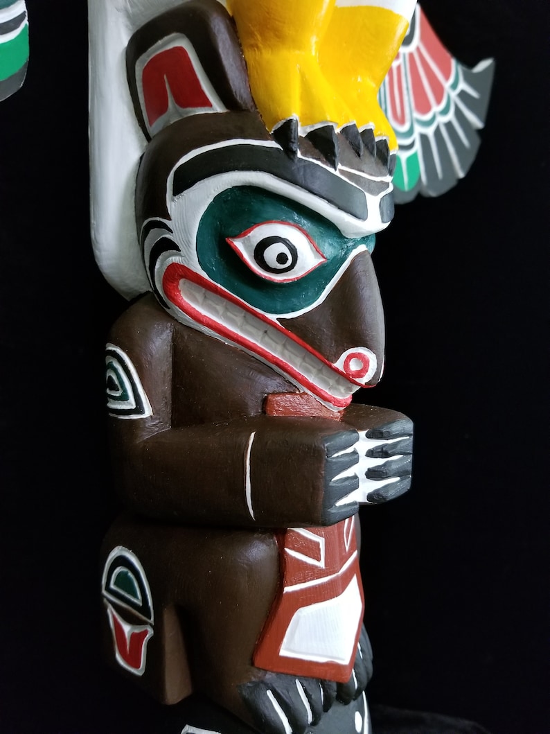 Northwest Coast Haida Art Eagle, Bear And Raven Wood Carved Totem Pole 20.5 image 6