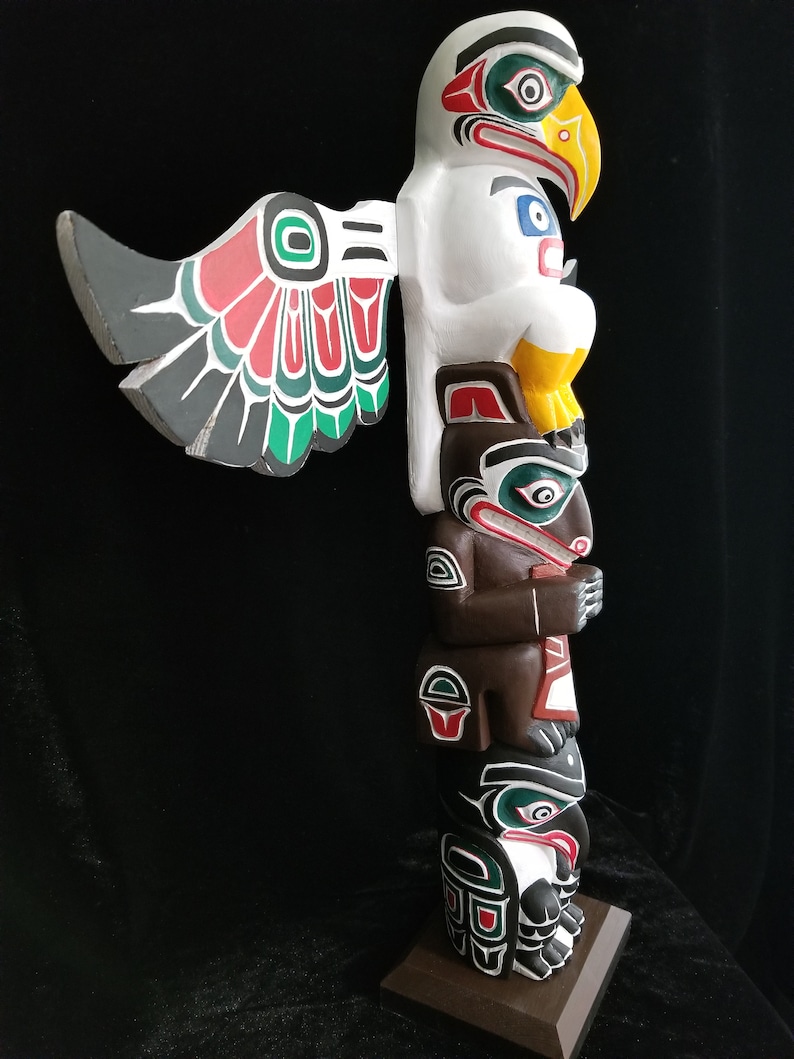 Northwest Coast Haida Art Eagle, Bear And Raven Wood Carved Totem Pole 20.5 image 4