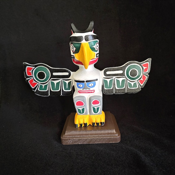 Northwest Coast Wood Carving Thunderbird Totem Pole Desk Deco 8"