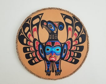 Pacific Northwest Coast Native Haida Art Thunderbird And Moon Mask Wood Carving Panel