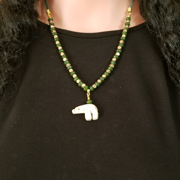 Zuni Bear Bone Carved Pendant with Jade Beads Tribe Style Necklace Free Gift Box