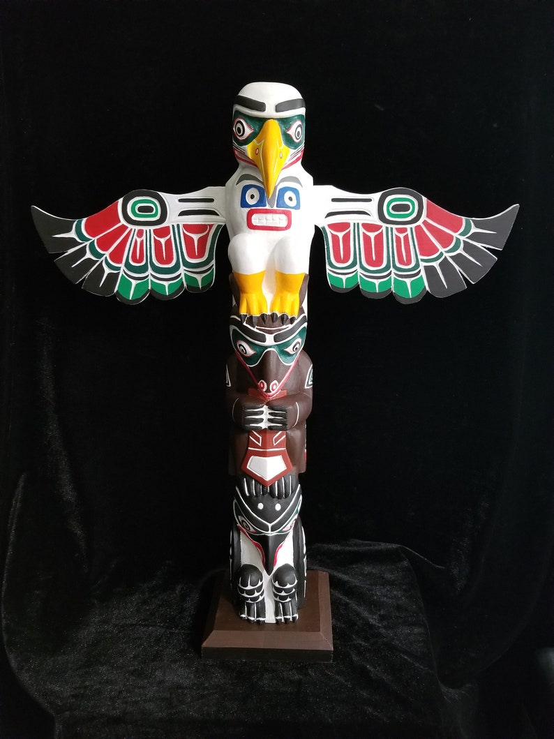 Northwest Coast Haida Art Eagle, Bear And Raven Wood Carved Totem Pole 20.5 image 2