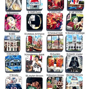 May include: A collection of 20 square magnets, each featuring a unique collage design. The magnets depict various subjects, including landmarks like the Zakim Bridge and Citgo sign, and pop culture icons such as Daft Punk and Darth Vader.