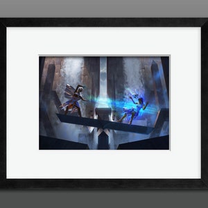 May include: Two figures in white and blue clothing stand on a platform, facing each other. They are surrounded by a misty, ethereal atmosphere, with a large, stone structure in the background.