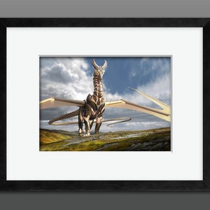 May include: A metallic, gold-colored dragon with wings spread wide stands on a grassy hilltop against a cloudy sky. The dragon has a long, serpentine tail and a fierce expression.