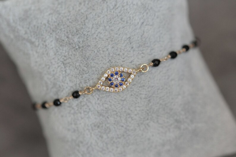 Evil Eye Bracelet Bead Chain Bracelet Protection Bracelet Black Bracelet Gold Filled Adjustable Bracelet Thin Delicate Charm Bracelet