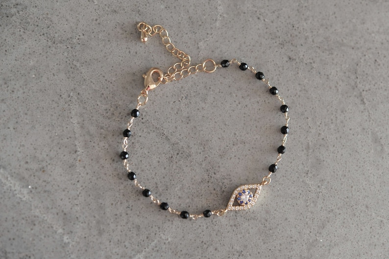 Evil Eye Bracelet Bead Chain Bracelet Protection Bracelet Black Bracelet Gold Filled Adjustable Bracelet Thin Delicate Charm Bracelet