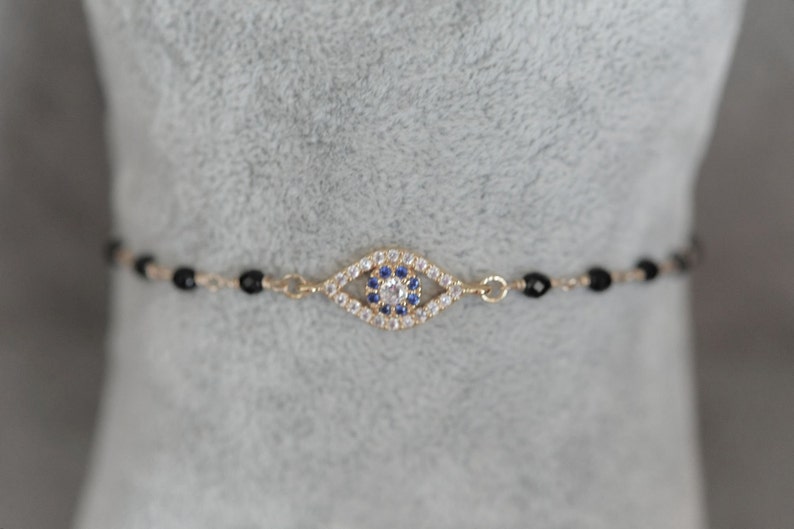 Evil Eye Bracelet Bead Chain Bracelet Protection Bracelet Black Bracelet Gold Filled Adjustable Bracelet Thin Delicate Charm Bracelet