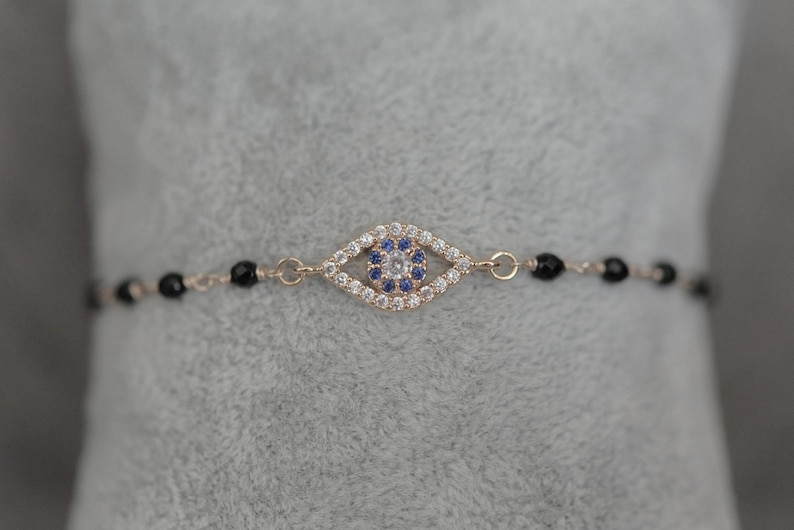 Evil Eye Bracelet Bead Chain Bracelet Protection Bracelet Black Bracelet Gold Filled Adjustable Bracelet Thin Delicate Charm Bracelet