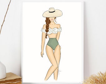 Bathing beauty, Beach Wall Art, Beach Hat Illustration, Summer Fashion Art, Summer Wall Art, Summer Decor, Summer Fashion Illustration, Art