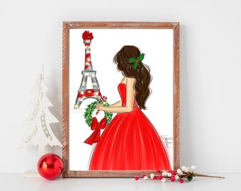 Christmas in Paris, Christmas Art Print, Christmas Wall Decor, Holidays Greeting Cards, Holiday Wall Art, Christmas Fashion Illustration