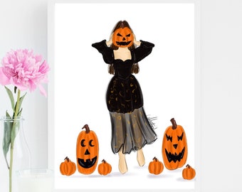 Halloween Girl, Halloween Art Print, Halloween Witch Art Print, Halloween Witch, Halloween Witch Illustration, Witches Fashion Illustration
