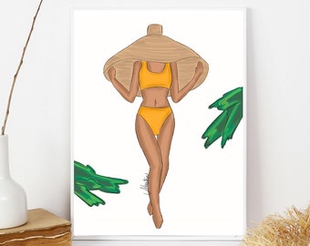 Yellow Bikini, Beach Wall Art, Big Hat Illustration, Summer Wall Art, Tropical Wall Art, Summer Decor, Summer Fashion Illustration, Summer