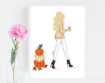 Fall Fashion Illustration, Pumpkin Art, Autumn Art, Autumn Illustration, Fall Decor, Fall Fashion Illustration, Fall Art, BFF Gifts, Fall