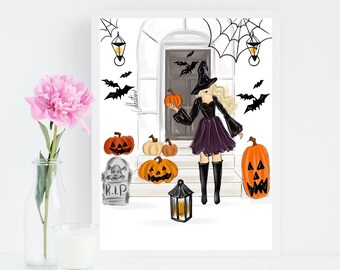 Halloween Door Art Fall Fashion Illustration Halloween Art Witch Art Print Spooky Illustration Halloween Decor Fall Art Print PLTStudio fall