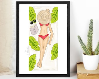 Just Lounging, Beach Wall Art, Beach Hat Illustration, Summer Wall Art, Summer Wall Decor, Summer Travel, Summer Fashion Illustration, Gifts