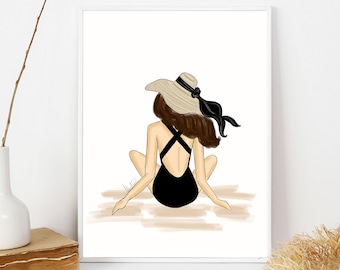 Sunny Days, Beach Wall Art, Beach Hat Illustration, Big Hat Fashion Art, Summer Wall Art, Summer Wall Decor, Summer Fashion Illustration