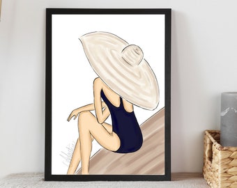 Beach side, Beach Wall Art, Beach Hat Illustration, Big Hat Fashion Art, Summer Wall Art, Summer Decor, Summer Fashion Illustration, Beach