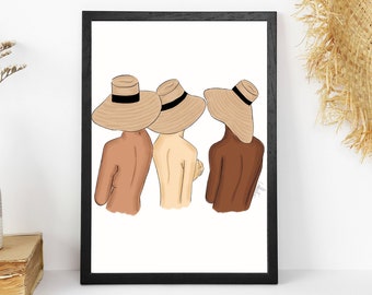 It es a hat Affair, Big Hat Illustration, Beach Hat Fashion Art, Summer Wall Art, Naked Wall Art, Portrait, Summer Fashion Illustration, Art