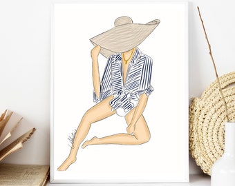 Striped Shirt, Beach Wall Art, Beach Hat Illustration, Big Hat Fashion Art, Summer Wall Art, Beach Decor, Summer Fashion Illustration, Beach