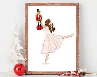Clara, The Nutcracker Art PINK, Christmas Art Print, Christmas Wall Decor, Clara Holiday Wall Art, Nutcracker Christmas Fashion Illustration