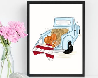 Happy Fall, Truck Fall Illustration, Fall Wall Art, Autumn Art, Autumn Illustration, Fall Decor, Fall Fashion, Illustration Fall Art Print