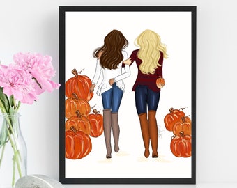 Fall Girls Art, Fall Illustration, Fall Wall Art, Autumn Wall Art, Autumn Illustration, Fall Art, Fall Fashion Illustration, Fall BFF Gifts