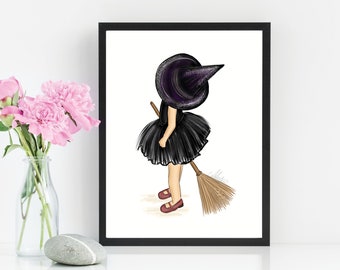 Little Witch, Kids Halloween Decor, Children Halloween Witch Art Print, Halloween, Halloween Witch Illustration, Witch Fashion Illustration