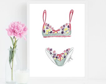 Flower Lace Fashion Illustration,Lingerie Wall Art, Bedroom Illustration, Bedroom Decor, Lingerie Illustration, Bedroom Fashion Illustration