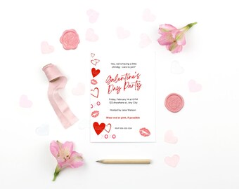 May include: A Galentine's Day Party invitation with red hearts, lips, and the text "Galentine's Day Party". The invitation is surrounded by pink flowers, heart-shaped confetti, a pink ribbon, a pencil, and pink wax seals.