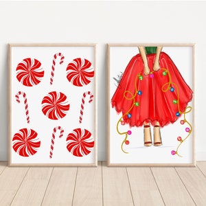 PAQUETE DE 2 A 8 X 10 Felices fiestas y decoración navideña con bastones de caramelo Ilustración de moda navideña Arte de pared navideño Regalos BBF Regalos navideños Conjunto de regalos navideños